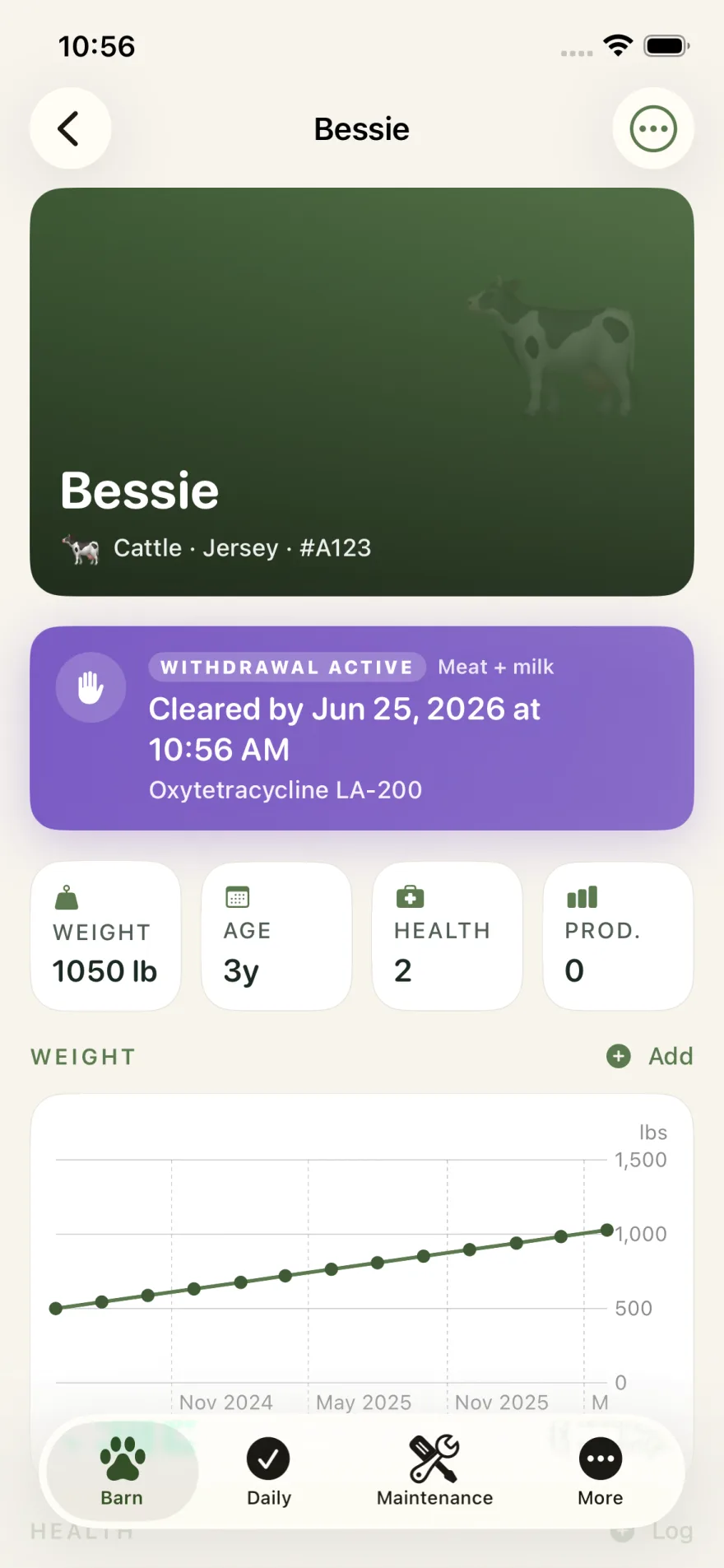 An animal's page in Pasture showing an active meat and milk withdrawal period and a weight chart