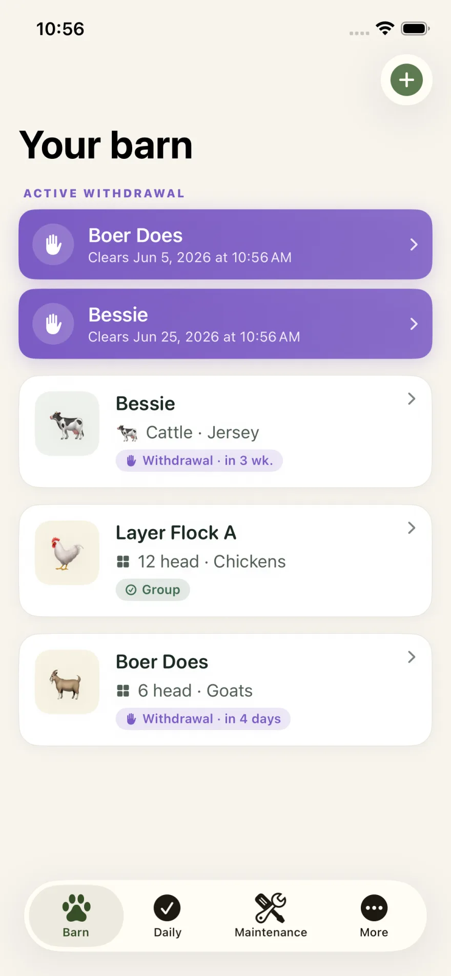Pasture's Barn tab: animals and groups, with animals under an active withdrawal period pinned at the top