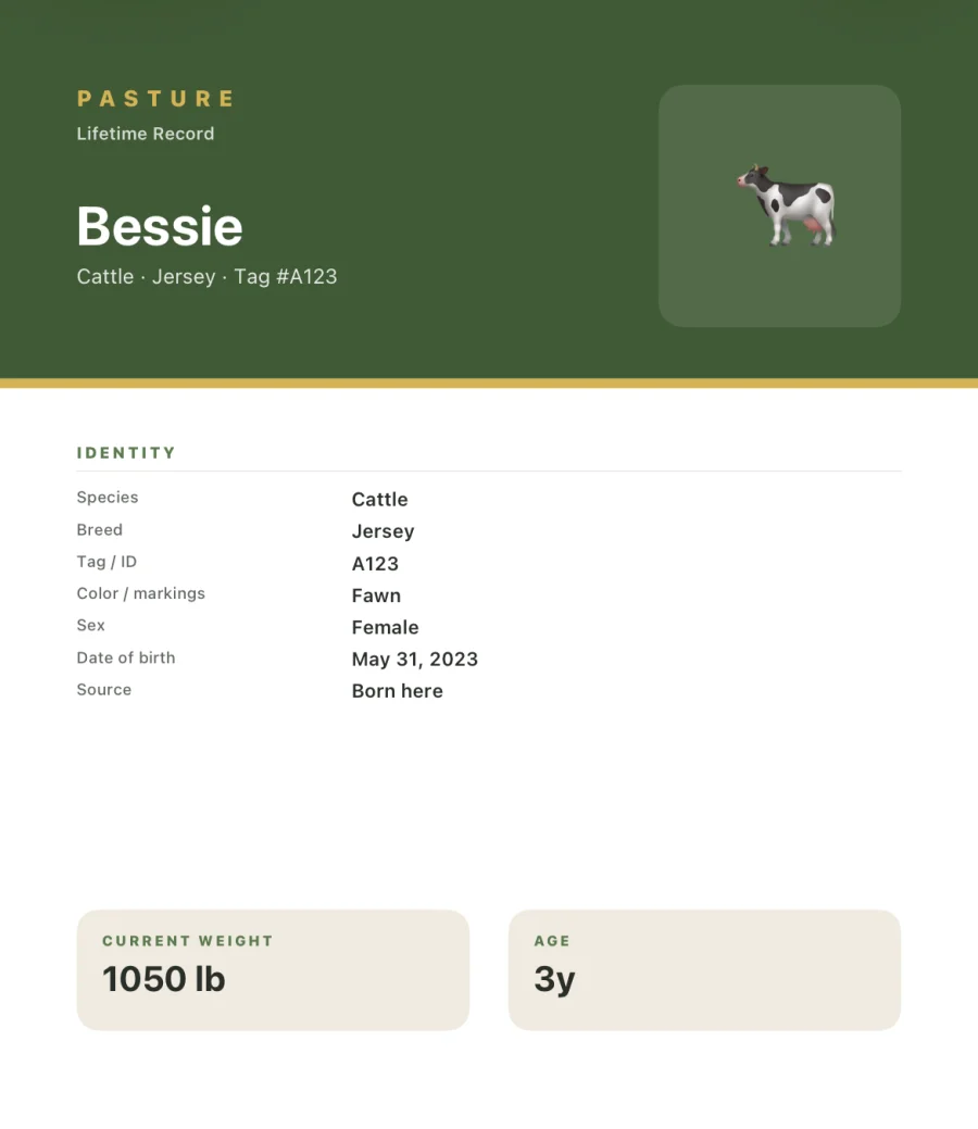 Cover page of a Pasture lifetime record PDF with the animal's identity, current weight, and age
